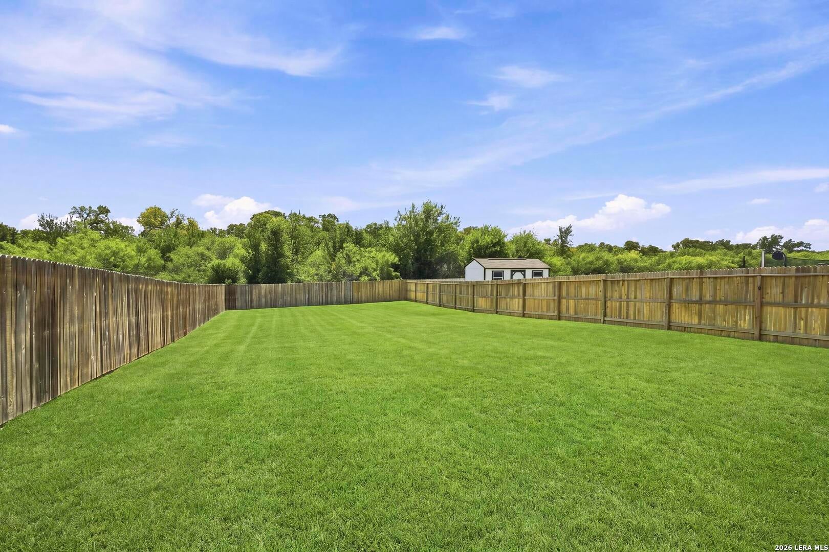 Wide backyard view with greenbelt beyond the fence